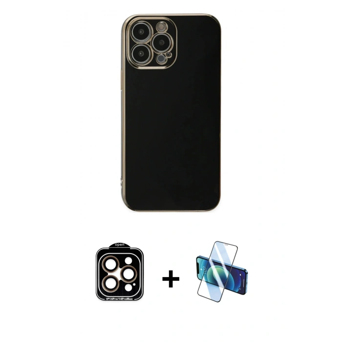 MARSİLYAN™- iPhone 15 Pro Max Kılıf Yankı Serisi - Siyah 3D Antistatik Seramik Nano Ekran Koruyucu + PVD Metal Kamera Lens - TU