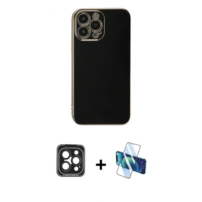 MARSİLYAN™- iPhone 15 Pro Max Kılıf Yankı Serisi - Siyah 3D Antistatik Seramik Nano Ekran Koruyucu + PVD Metal Kamera Lens - SH