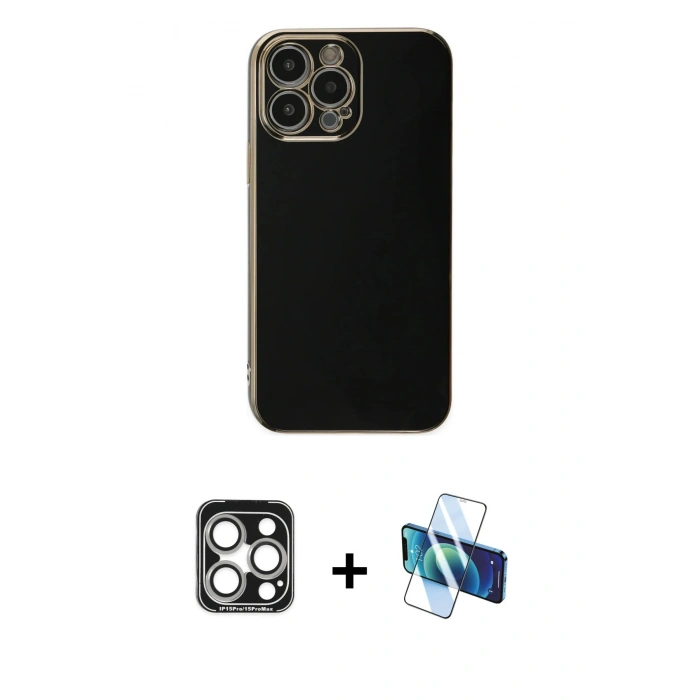 MARSİLYAN™- iPhone 15 Pro Max Kılıf Yankı Serisi - Siyah 3D Antistatik Seramik Nano Ekran Koruyucu + PVD Metal Kamera Lens - GS
