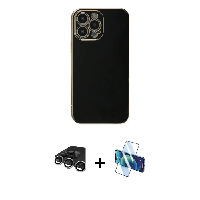 MARSİLYAN™- iPhone 15 Pro Max Kılıf Yankı Serisi - Siyah 3D Antistatik Seramik Nano Ekran Koruyucu + Raze Metal Kamera Lens - GS