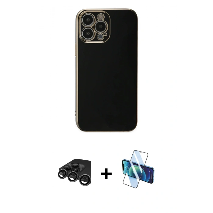 MARSİLYAN™- iPhone 15 Pro Max Kılıf Yankı Serisi - Siyah 3D Antistatik Seramik Nano Ekran Koruyucu + Raze Metal Kamera Lens - TMGI