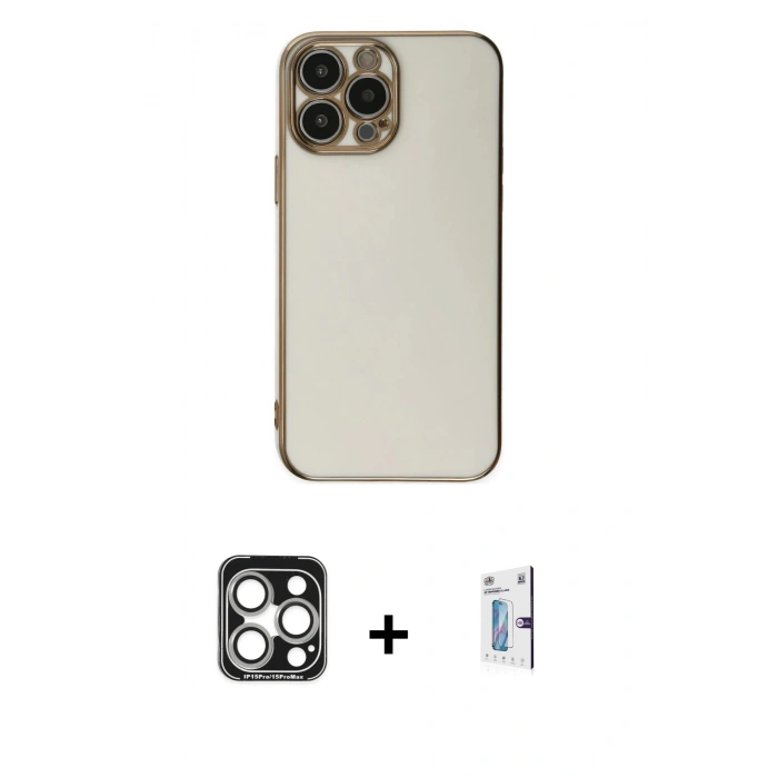 MARSİLYAN™- iPhone 15 Pro Max Kılıf Yankı Serisi - Siyah Bilvis 0.18mm Plus Cam Ekran Koruyucu + Gümüş PVD Metal Kamera Lens