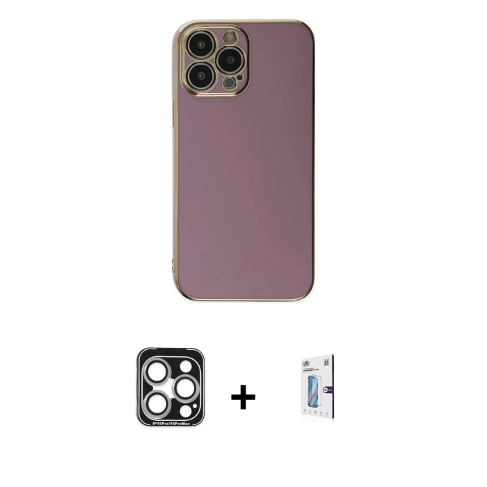 MARSİLYAN™- iPhone 15 Pro Max Kılıf Yankı Serisi - Siyah Bilvis 0.18mm Plus Cam Ekran Koruyucu + Gümüş PVD Metal Kamera Lens