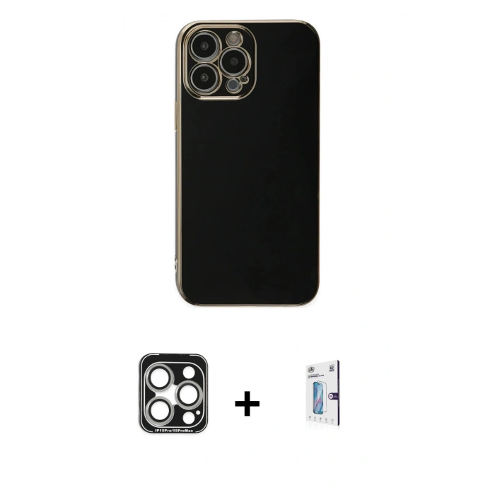 MARSİLYAN™- iPhone 15 Pro Max Kılıf Yankı Serisi - Siyah Bilvis 0.18mm Plus Cam Ekran Koruyucu + Gümüş PVD Metal Kamera Lens