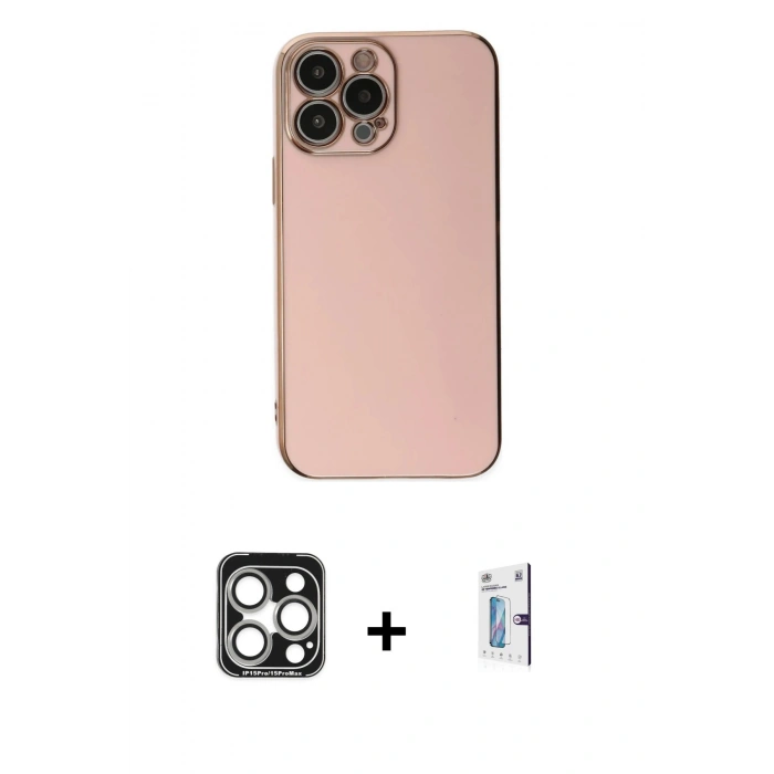MARSİLYAN™- iPhone 15 Pro Max Kılıf Yankı Serisi - Siyah Bilvis 0.18mm Plus Cam Ekran Koruyucu + Gümüş PVD Metal Kamera Lens