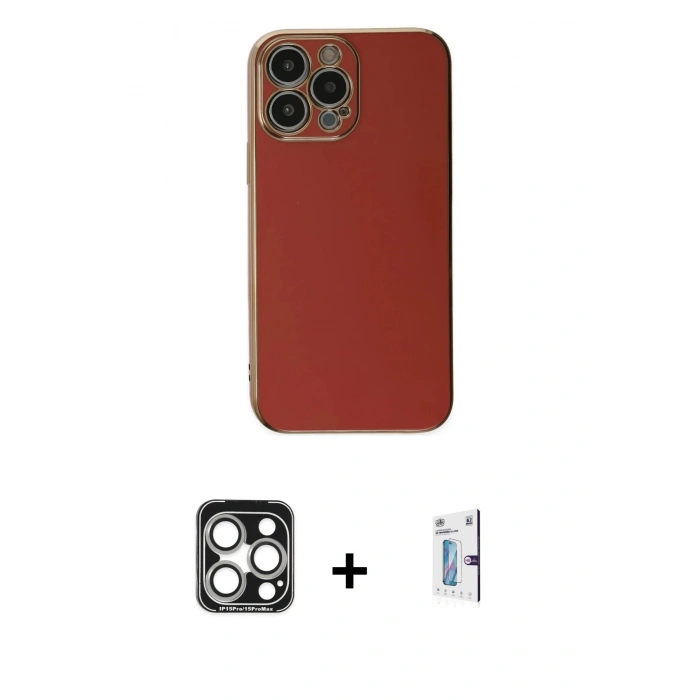 MARSİLYAN™- iPhone 15 Pro Max Kılıf Yankı Serisi - Siyah Bilvis 0.18mm Plus Cam Ekran Koruyucu + Gümüş PVD Metal Kamera Lens