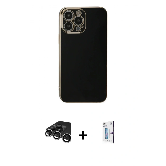 MARSİLYAN™- iPhone 15 Pro Max Kılıf Yankı Serisi - Siyah Bilvis 0.18mm Plus Cam Ekran Koruyucu + Raze Metal Kamera Lens - GS