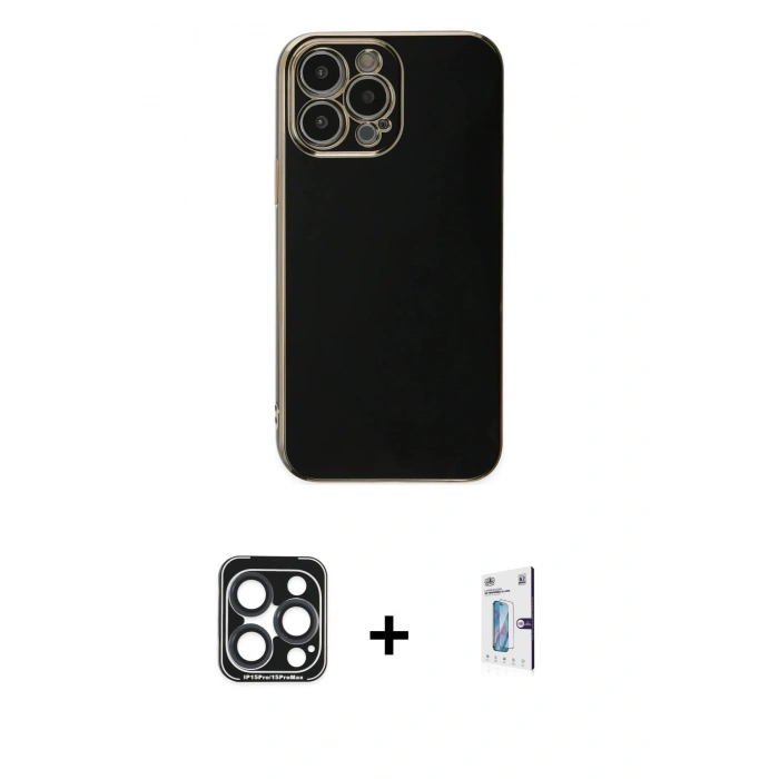 MARSİLYAN™- iPhone 15 Pro Max Kılıf Yankı Serisi - Siyah Bilvis 0.18mm Plus Cam Ekran Koruyucu + PVD Metal Kamera Lens - LT