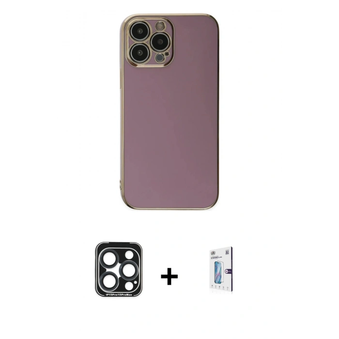 MARSİLYAN™- iPhone 15 Pro Max Kılıf Yankı Serisi - Siyah Bilvis 0.18mm Plus Cam Ekran Koruyucu + PVD Metal Kamera Lens - LT