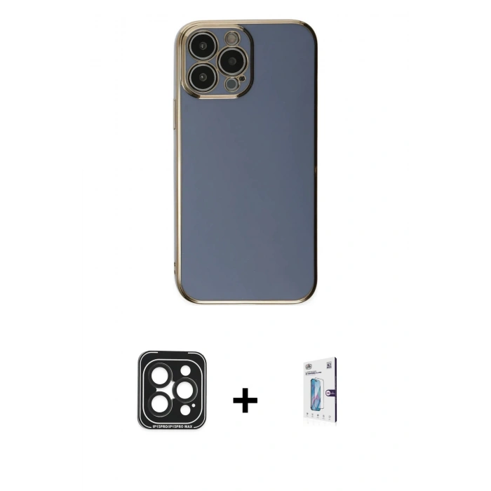 MARSİLYAN™- iPhone 15 Pro Max Kılıf Yankı Serisi - Siyah Bilvis 0.18mm Plus Cam Ekran Koruyucu + PVD Metal Kamera Lens - SH