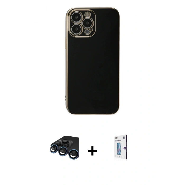 MARSİLYAN™- iPhone 15 Pro Max Kılıf Yankı Serisi - Siyah Bilvis 0.18mm Plus Cam Ekran Koruyucu + Raze Metal Kamera Lens - LT