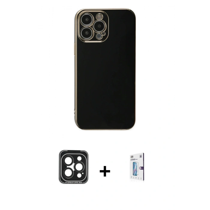 MARSİLYAN™- iPhone 15 Pro Max Kılıf Yankı Serisi - Siyah Bilvis 0.18mm Plus Cam Ekran Koruyucu + PVD Metal Kamera Lens - SH