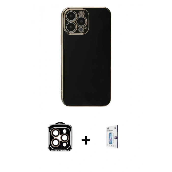 MARSİLYAN™- iPhone 15 Pro Max Kılıf Yankı Serisi - Siyah Bilvis 0.18mm Plus Cam Ekran Koruyucu + PVD Metal Kamera Lens - TU