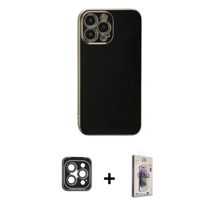 MARSİLYAN™- iPhone 15 Pro Max Kılıf Yankı Serisi - Siyah Bilvis 3D Cam Ekran Koruyucu + PVD Metal Kamera Lens - GI