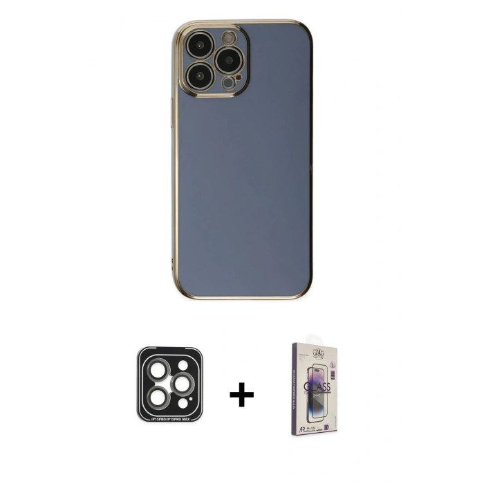MARSİLYAN™- iPhone 15 Pro Max Kılıf Yankı Serisi - Siyah Bilvis 3D Cam Ekran Koruyucu + PVD Metal Kamera Lens - GI