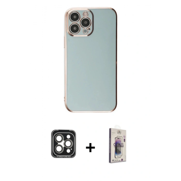 MARSİLYAN™- iPhone 15 Pro Max Kılıf Yankı Serisi - Siyah Bilvis 3D Cam Ekran Koruyucu + PVD Metal Kamera Lens - GI