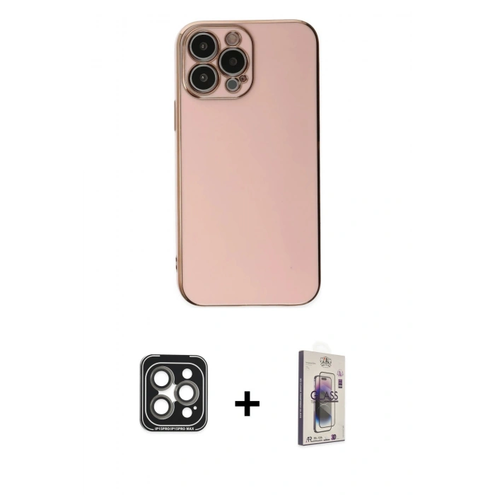 MARSİLYAN™- iPhone 15 Pro Max Kılıf Yankı Serisi - Siyah Bilvis 3D Cam Ekran Koruyucu + PVD Metal Kamera Lens - GI
