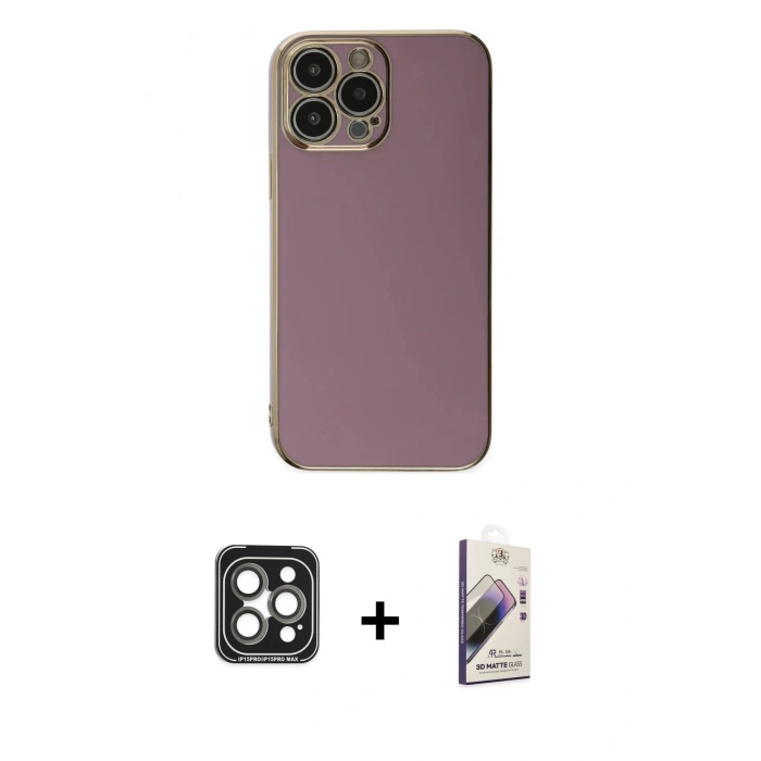 MARSİLYAN™- iPhone 15 Pro Max Kılıf Yankı Serisi - Siyah Bilvis 3D Mat Cam Ekran Koruyucu + PVD Metal Kamera Lens - GI