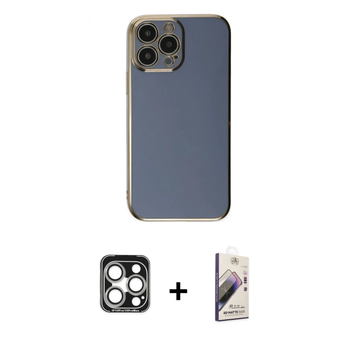 MARSİLYAN™- iPhone 15 Pro Max Kılıf Yankı Serisi - Siyah Bilvis 3D Mat Cam Ekran Koruyucu + PVD Metal Kamera Lens - GS