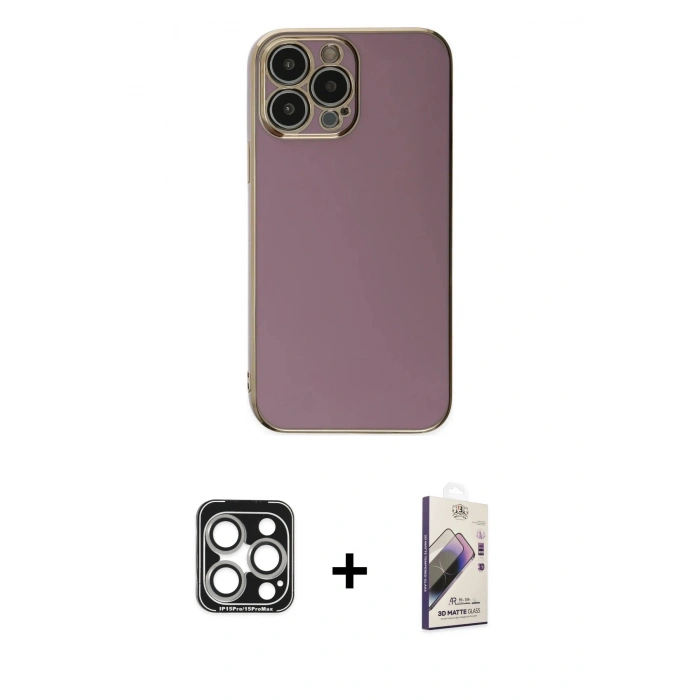 MARSİLYAN™- iPhone 15 Pro Max Kılıf Yankı Serisi - Siyah Bilvis 3D Mat Cam Ekran Koruyucu + PVD Metal Kamera Lens - GS