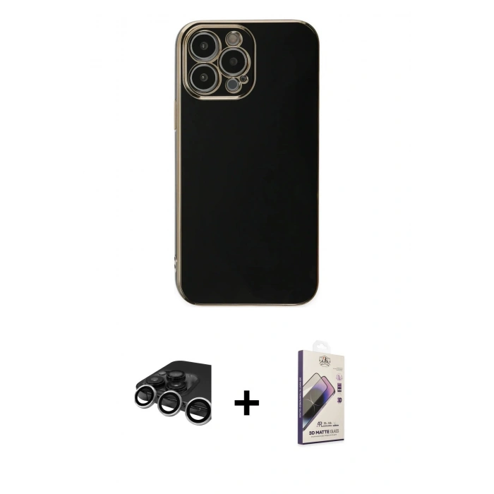 MARSİLYAN™- iPhone 15 Pro Max Kılıf Yankı Serisi - Siyah Bilvis 3D Mat Cam Ekran Koruyucu + Raze Metal Kamera Lens - GS