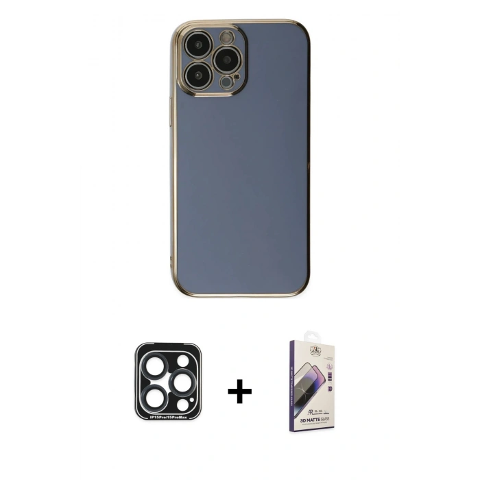 MARSİLYAN™- iPhone 15 Pro Max Kılıf Yankı Serisi - Siyah Bilvis 3D Mat Cam Ekran Koruyucu + Lacivert PVD Metal Kamera Lens