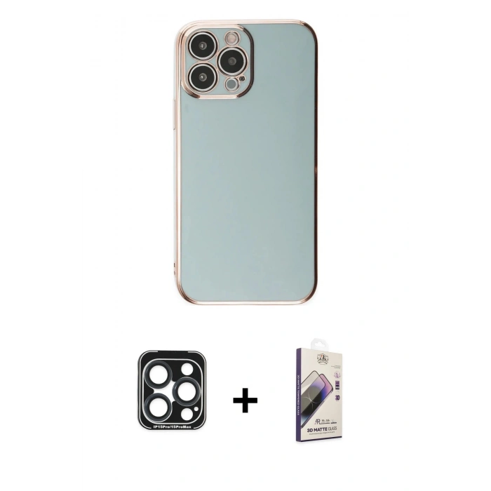 MARSİLYAN™- iPhone 15 Pro Max Kılıf Yankı Serisi - Siyah Bilvis 3D Mat Cam Ekran Koruyucu + Lacivert PVD Metal Kamera Lens