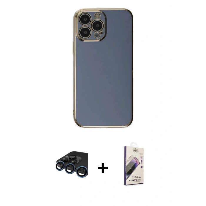 MARSİLYAN™- iPhone 15 Pro Max Kılıf Yankı Serisi - Siyah Bilvis 3D Mat Cam Ekran Koruyucu + Lacivert Raze Metal Kamera Lens