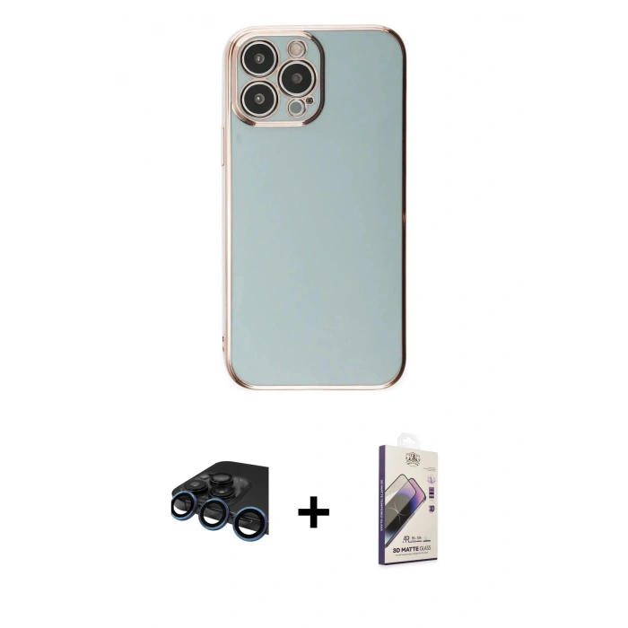 MARSİLYAN™- iPhone 15 Pro Max Kılıf Yankı Serisi - Siyah Bilvis 3D Mat Cam Ekran Koruyucu + Lacivert Raze Metal Kamera Lens