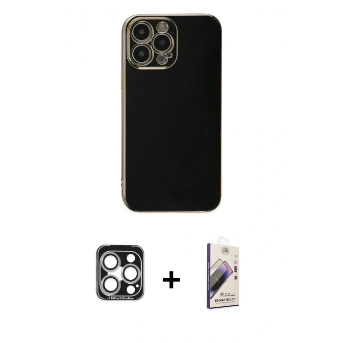 MARSİLYAN™- iPhone 15 Pro Max Kılıf Yankı Serisi - Siyah Bilvis 3D Mat Cam Ekran Koruyucu + PVD Metal Kamera Lens - GS