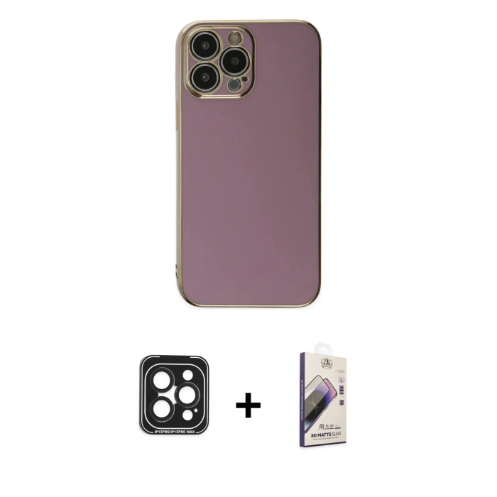 MARSİLYAN™- iPhone 15 Pro Max Kılıf Yankı Serisi - Siyah Bilvis 3D Mat Cam Ekran Koruyucu + PVD Metal Kamera Lens - SH