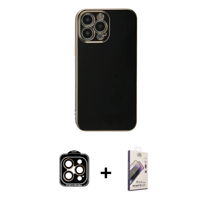 MARSİLYAN™- iPhone 15 Pro Max Kılıf Yankı Serisi - Siyah Bilvis 3D Mat Cam Ekran Koruyucu + PVD Metal Kamera Lens - TU