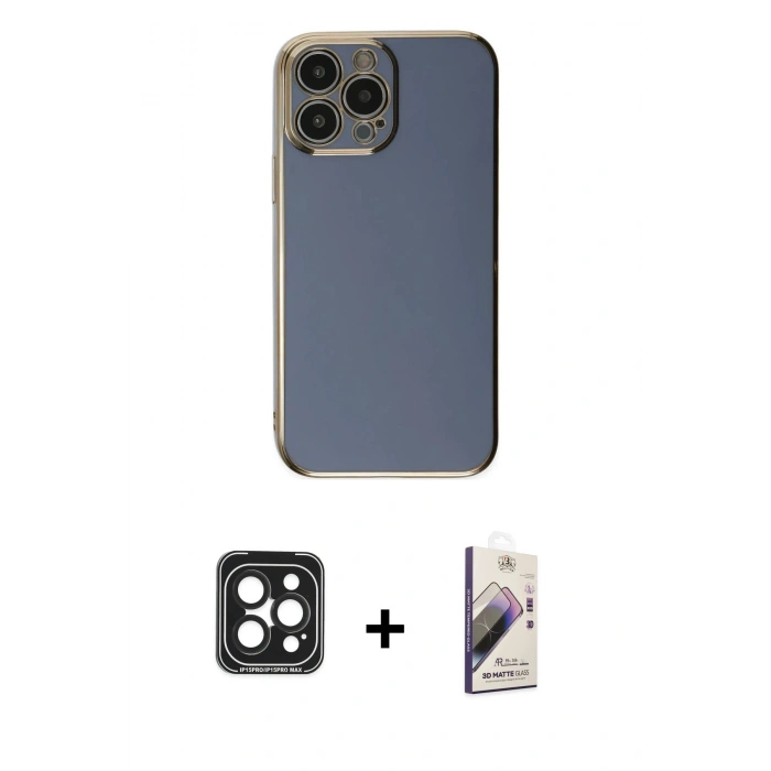 MARSİLYAN™- iPhone 15 Pro Max Kılıf Yankı Serisi - Siyah Bilvis 3D Mat Cam Ekran Koruyucu + PVD Metal Kamera Lens - SH