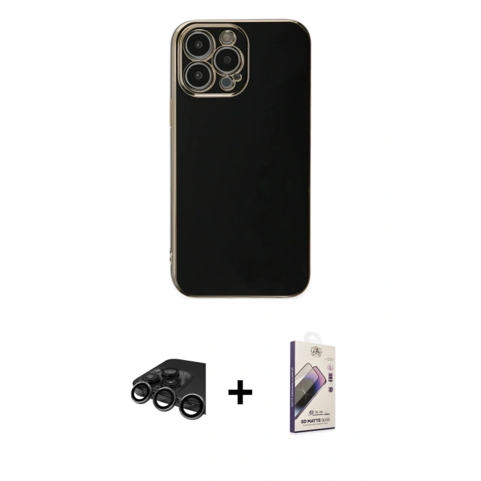 MARSİLYAN™- iPhone 15 Pro Max Kılıf Yankı Serisi - Siyah Bilvis 3D Mat Cam Ekran Koruyucu + Raze Metal Kamera Lens - TMGI