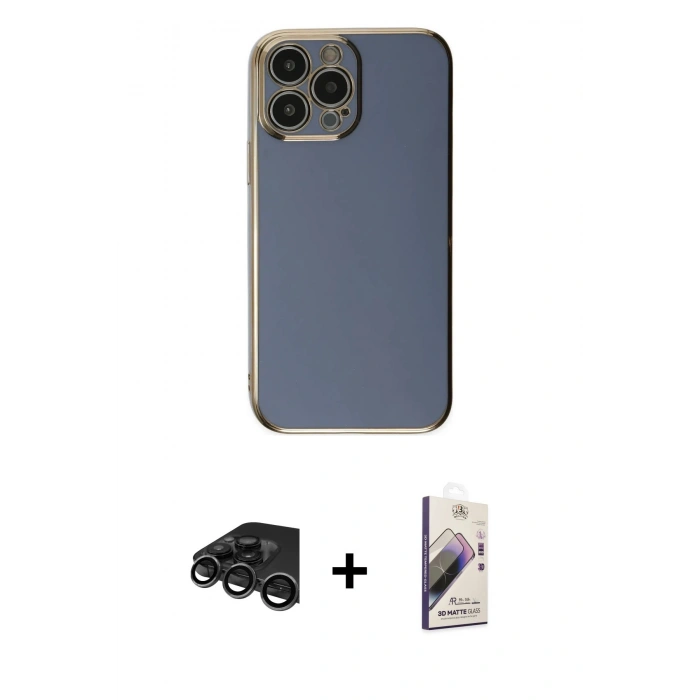 MARSİLYAN™- iPhone 15 Pro Max Kılıf Yankı Serisi - Siyah Bilvis 3D Mat Cam Ekran Koruyucu + Raze Metal Kamera Lens - TMGI