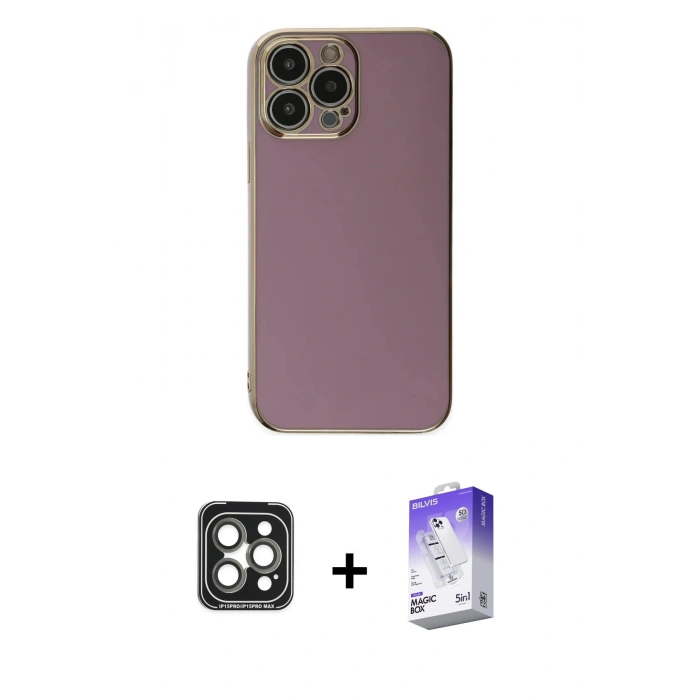 MARSİLYAN™- iPhone 15 Pro Max Kılıf Yankı Serisi - Siyah Bilvis 5in1 3D Magic Cam Ekran Koruyucu + Gri PVD Metal Kamera Lens