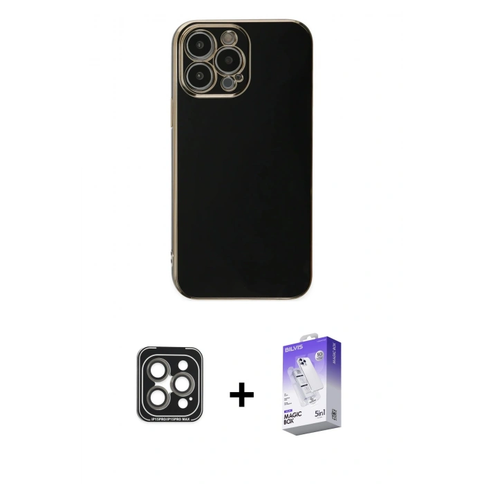 MARSİLYAN™- iPhone 15 Pro Max Kılıf Yankı Serisi - Siyah Bilvis 5in1 3D Magic Cam Ekran Koruyucu + Gri PVD Metal Kamera Lens