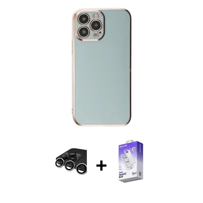 MARSİLYAN™- iPhone 15 Pro Max Kılıf Yankı Serisi - Siyah Bilvis 5in1 3D Magic Cam Ekran Koruyucu + Gümüş Raze Metal Kamera Lens