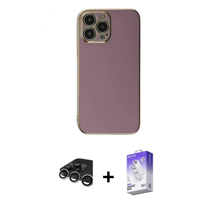 MARSİLYAN™- iPhone 15 Pro Max Kılıf Yankı Serisi - Siyah Bilvis 5in1 3D Magic Cam Ekran Koruyucu + Gümüş Raze Metal Kamera Lens