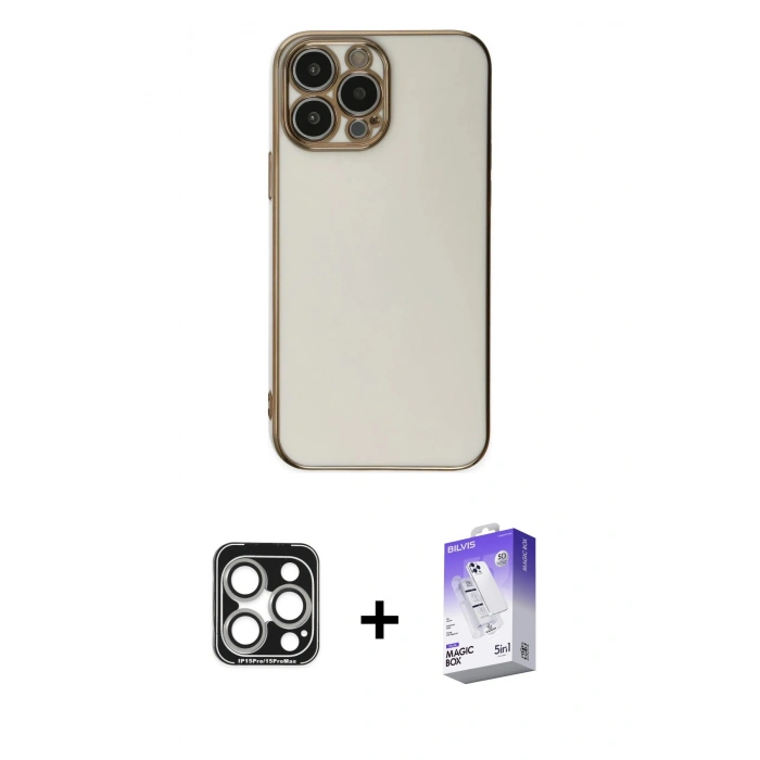 MARSİLYAN™- iPhone 15 Pro Max Kılıf Yankı Serisi - Siyah Bilvis 5in1 3D Magic Cam Ekran Koruyucu + PVD Metal Kamera Lens - GS