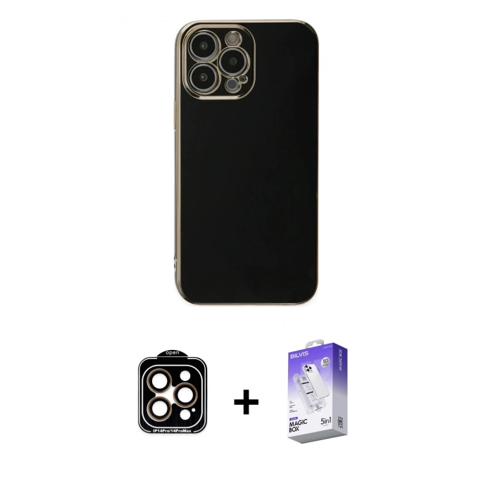 MARSİLYAN™- iPhone 15 Pro Max Kılıf Yankı Serisi - Siyah Bilvis 5in1 3D Magic Cam Ekran Koruyucu + PVD Metal Kamera Lens - TU
