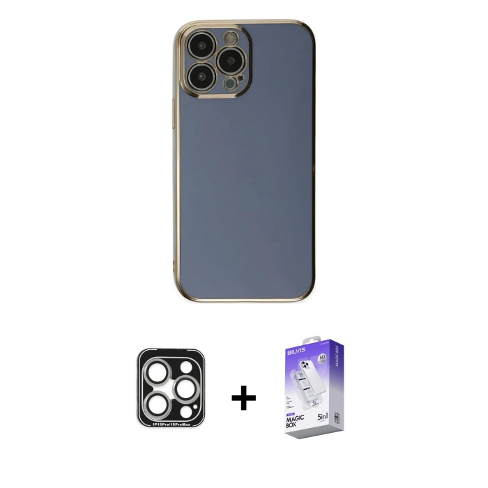 MARSİLYAN™- iPhone 15 Pro Max Kılıf Yankı Serisi - Siyah Bilvis 5in1 3D Magic Cam Ekran Koruyucu + PVD Metal Kamera Lens - GS