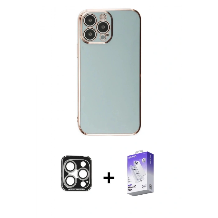 MARSİLYAN™- iPhone 15 Pro Max Kılıf Yankı Serisi - Siyah Bilvis 5in1 3D Magic Cam Ekran Koruyucu + PVD Metal Kamera Lens - GS