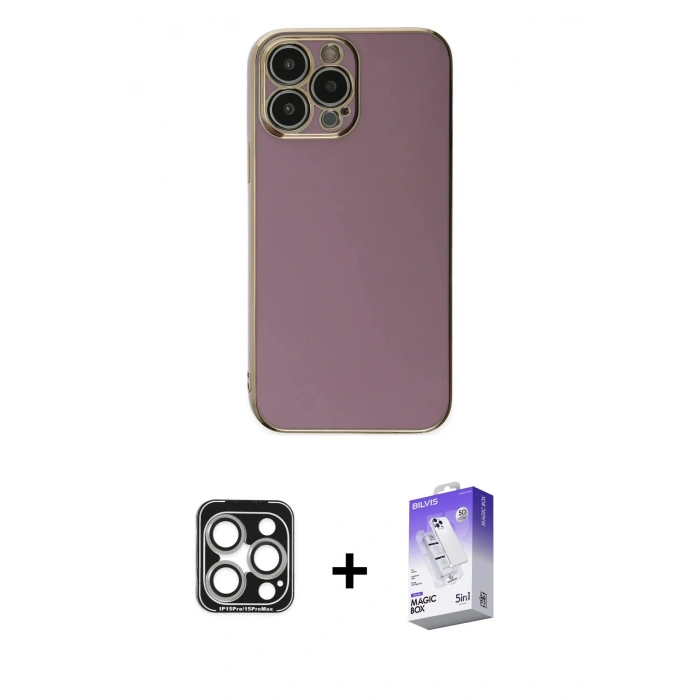 MARSİLYAN™- iPhone 15 Pro Max Kılıf Yankı Serisi - Siyah Bilvis 5in1 3D Magic Cam Ekran Koruyucu + PVD Metal Kamera Lens - GS
