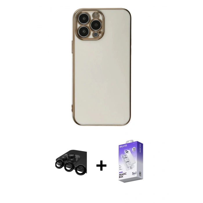 MARSİLYAN™- iPhone 15 Pro Max Kılıf Yankı Serisi - Siyah Bilvis 5in1 3D Magic Cam Ekran Koruyucu + Raze Metal Kamera Lens - SH