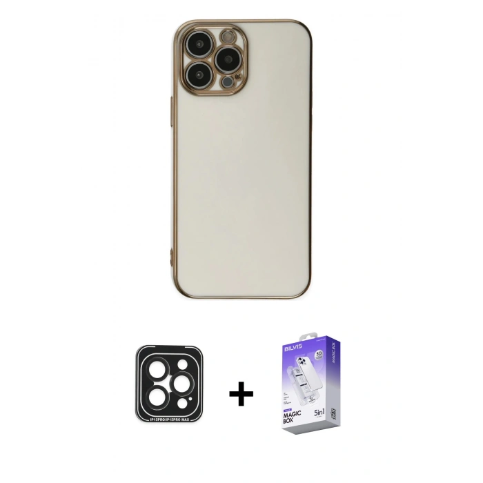 MARSİLYAN™- iPhone 15 Pro Max Kılıf Yankı Serisi - Siyah Bilvis 5in1 3D Magic Cam Ekran Koruyucu + PVD Metal Kamera Lens - SH