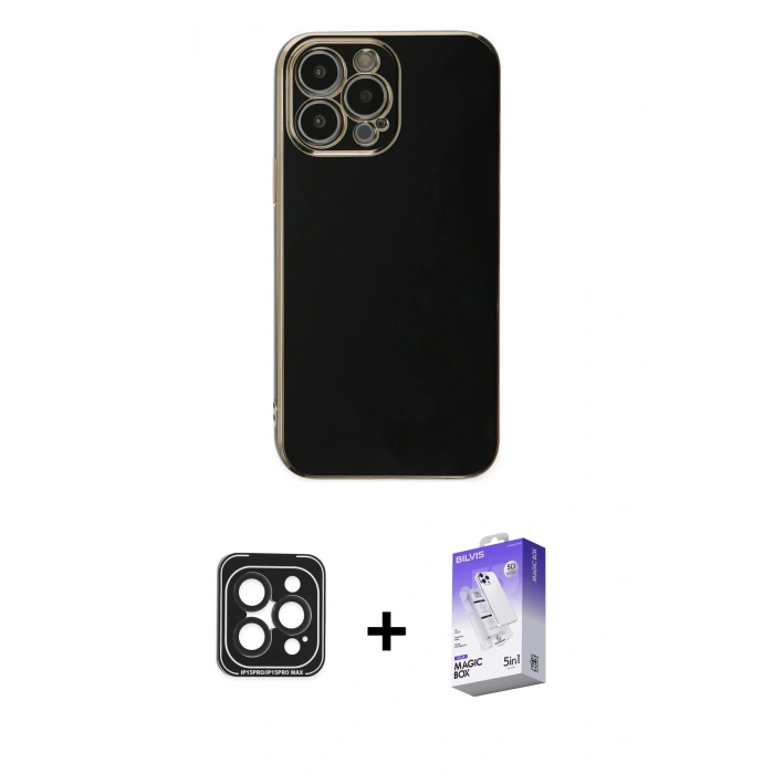 MARSİLYAN™- iPhone 15 Pro Max Kılıf Yankı Serisi - Siyah Bilvis 5in1 3D Magic Cam Ekran Koruyucu + PVD Metal Kamera Lens - SH