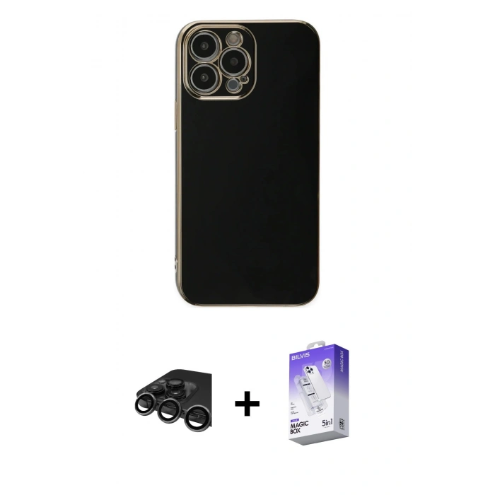 MARSİLYAN™- iPhone 15 Pro Max Kılıf Yankı Serisi - Siyah Bilvis 5in1 3D Magic Cam Ekran Koruyucu + Raze Metal Kamera Lens - TMGI