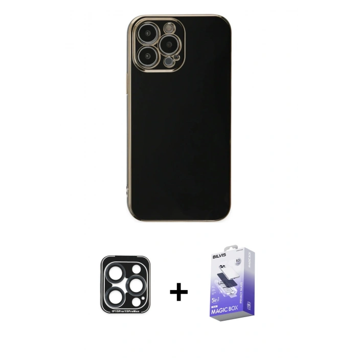 MARSİLYAN™- iPhone 15 Pro Max Kılıf Yankı Serisi - Siyah Bilvis 5in1 5D Magic Hayalet Cam Ekran Koruyucu + PVD Metal Kamera Lens - LT