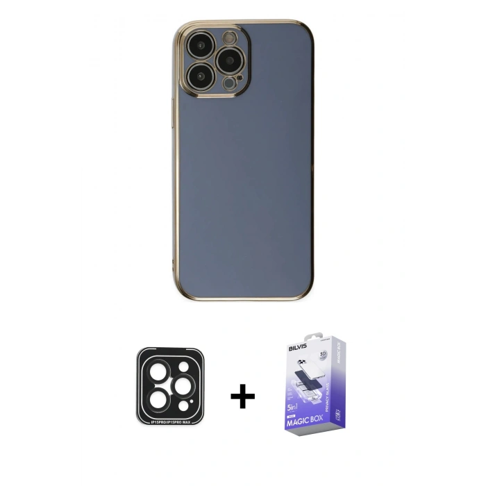 MARSİLYAN™- iPhone 15 Pro Max Kılıf Yankı Serisi - Siyah Bilvis 5in1 5D Magic Hayalet Cam Ekran Koruyucu + PVD Metal Kamera Lens - SH